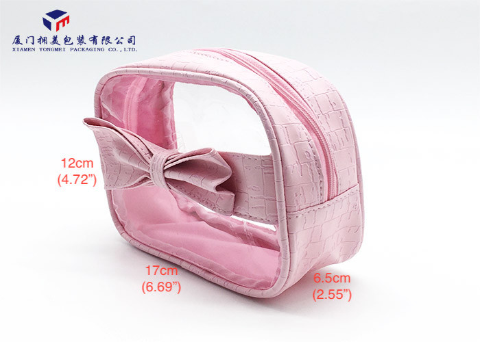 Embossed Pink PU Leather Bag Super Clear Soft PVC Window Leather Cosmetic Bag