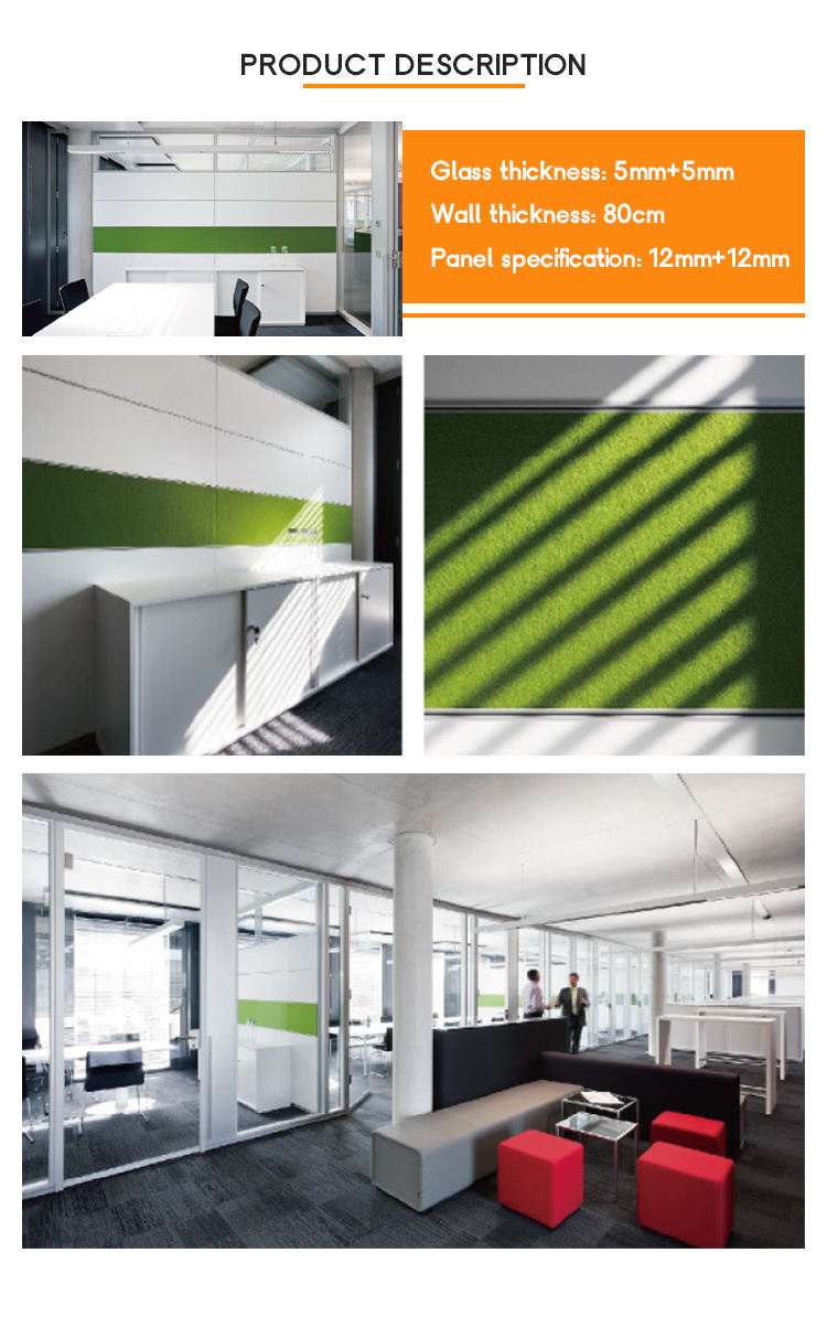 Demountable Soundproof Office Partition Double Glass Fixed Partition Walls With Aluminum Frame