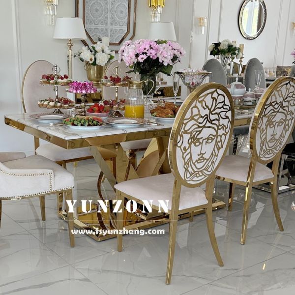 Luxury Gold Dining Table with White Marble Top OEM Furniture for Hotel Restaurant for Banquets Living Room Use Metal Material
