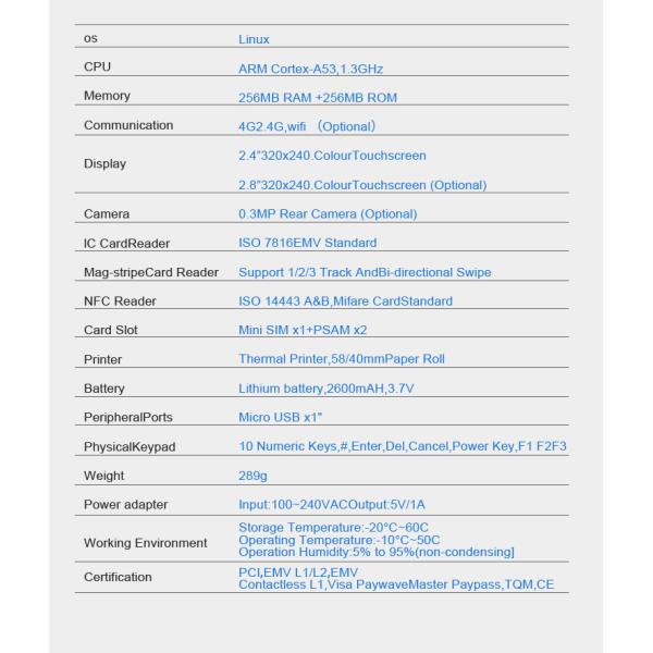 Contactless Payment MPOS Device 4G Wifi Handheld Mobile Linux POS Terminal System
