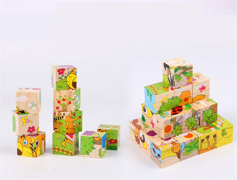 Baby Wooden Block Toys Animal Fruit Early Learning Six Side 3D Cube Jigsaw