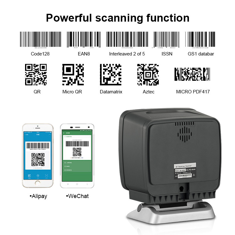 Desktop Hands Free 1D 2D QR Code Wide Scanning Window Platform Barcode Scanner