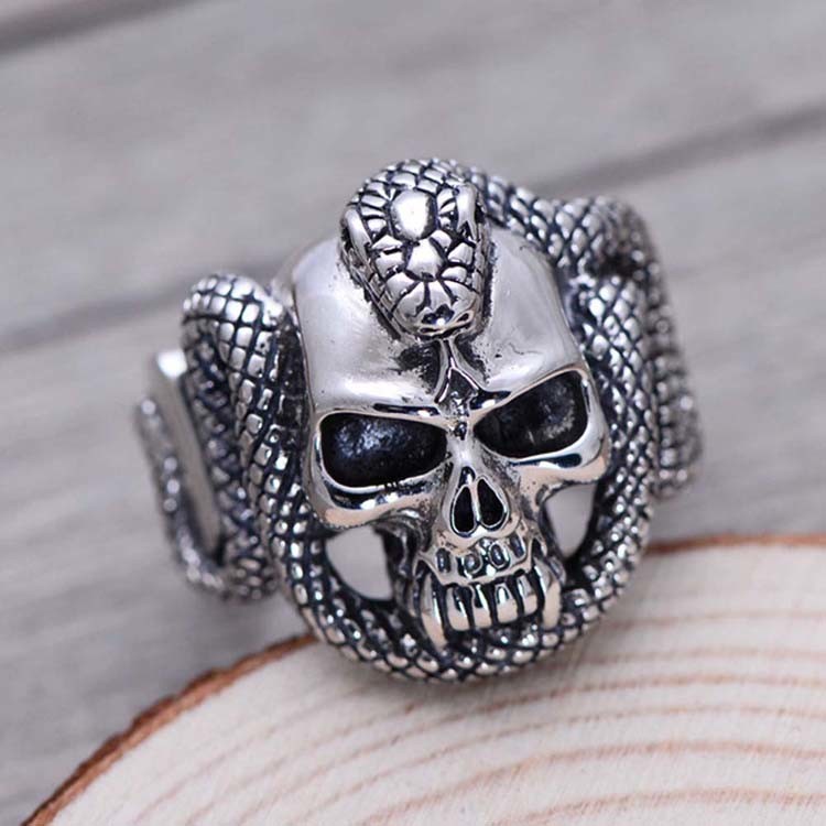 Mens Retro Vintage Sterling Silver Ring Engraved Skull and Snake Design(024572)