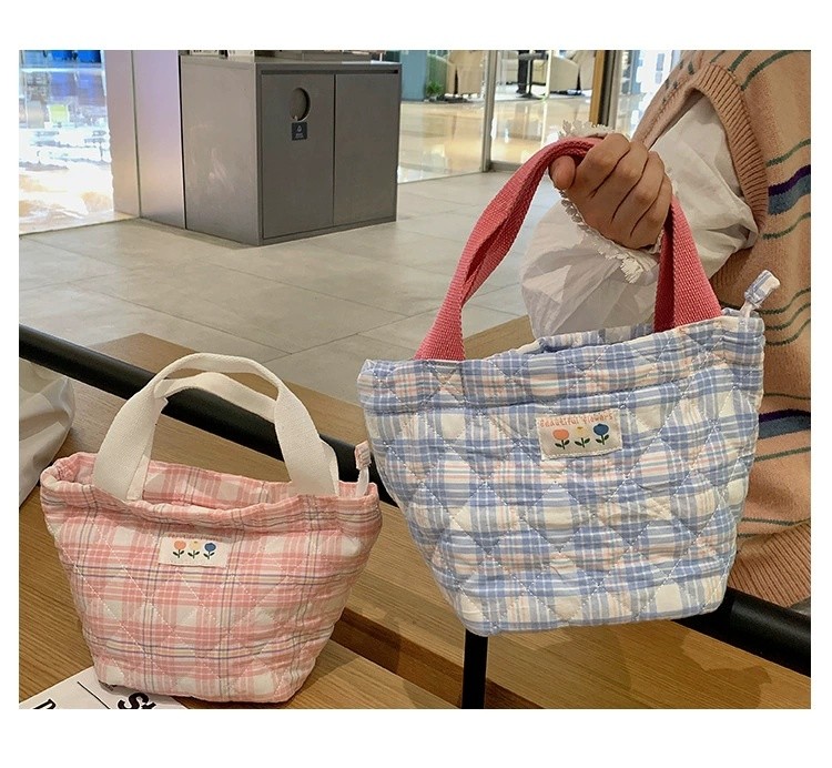 JK Style Insulated Lunch Bag Reusable Tartan Design Cooler Drawstring Picnic Bag