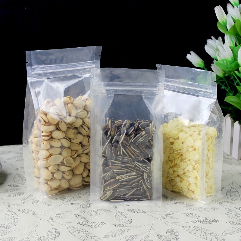 Resealable Doypack Clear Transparent Plastic Stand Up 8 Side Quad Seal Block Bottom Gusset Box Pouch Zipper Bag