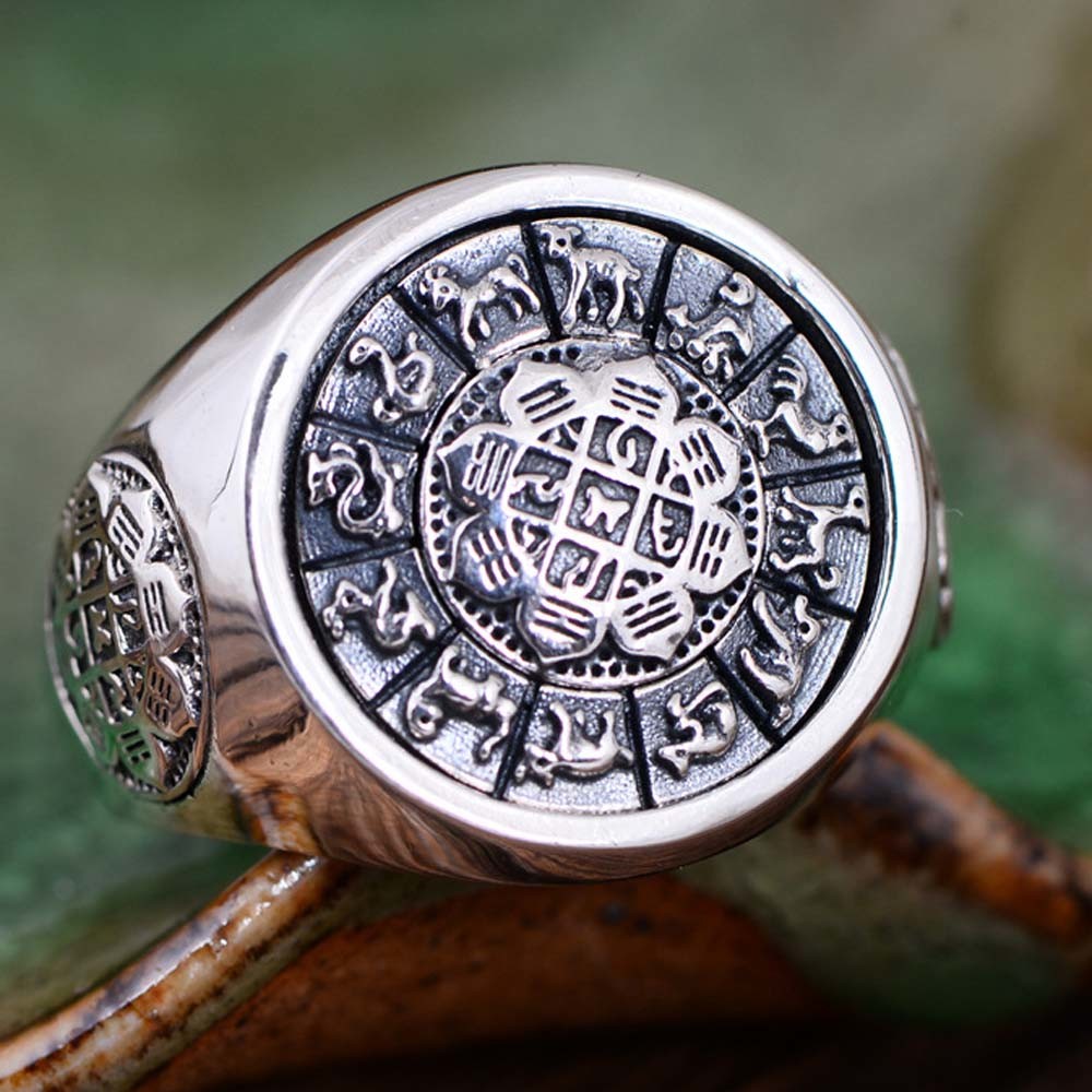 Men Sterling Silver Engraved Chinese Zodiac Retro 925 Silver Ring (059886S)