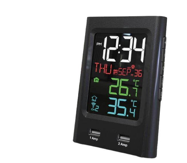 Dual USB Charging Clock Thermometer And Hygrometer For Indoor Outdoor Temperature Humidity