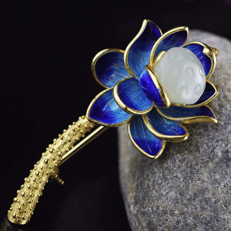 18K Gold Plated 925 Silver Enamel Lotus Flower Jade Pendant Necklace Brooch For Women(XZ81001)