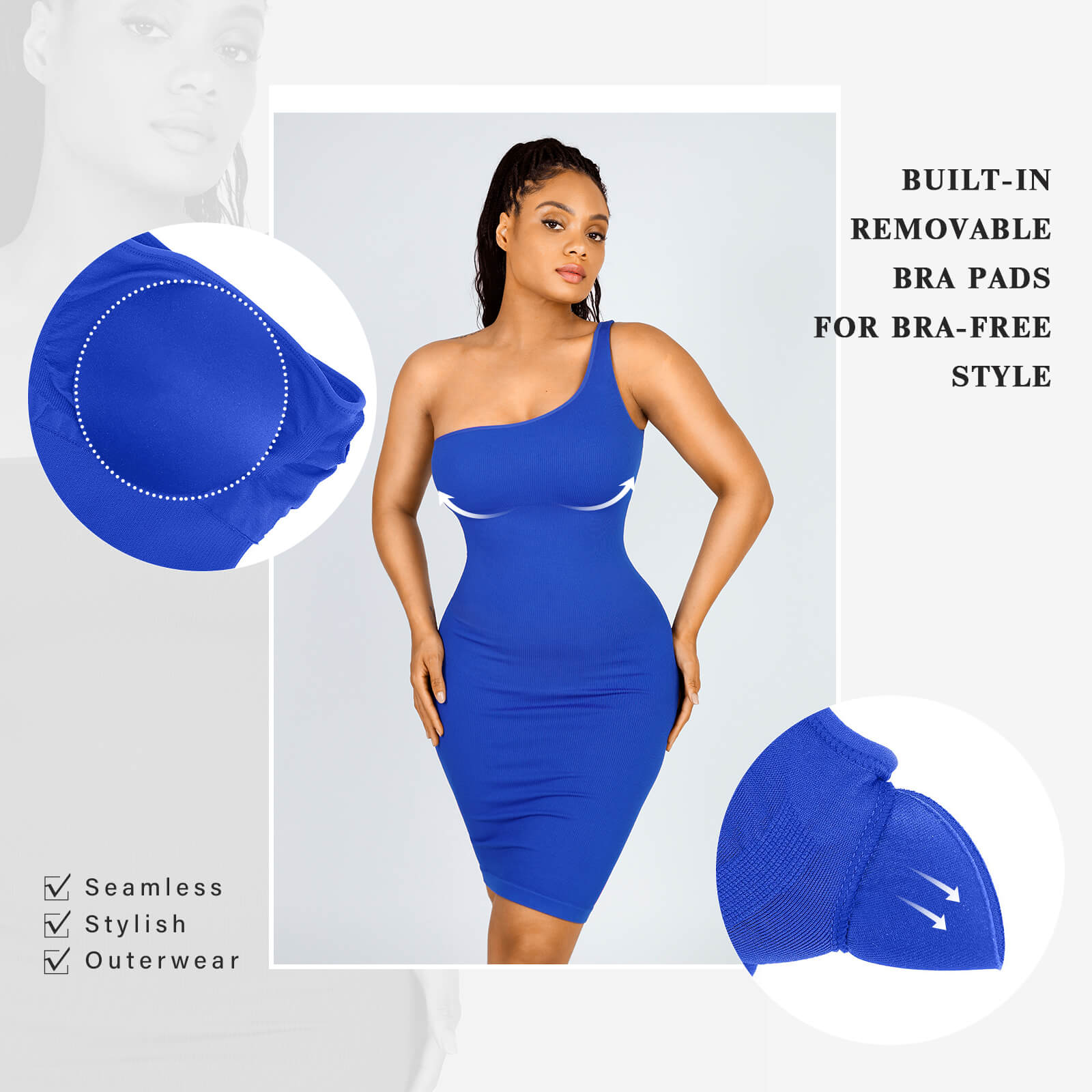 Autumn One-Shoulder Slanted Neck Bodycon Midi Blue Dresses For Women With Body Shaper