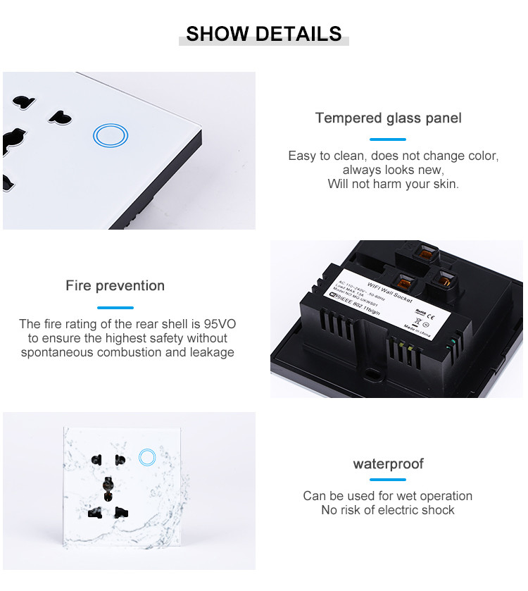 Ce Certificate Wifi Universal Wall Socket Uk Standard Wireless Outlet Double Plug With Touch Glass Panel