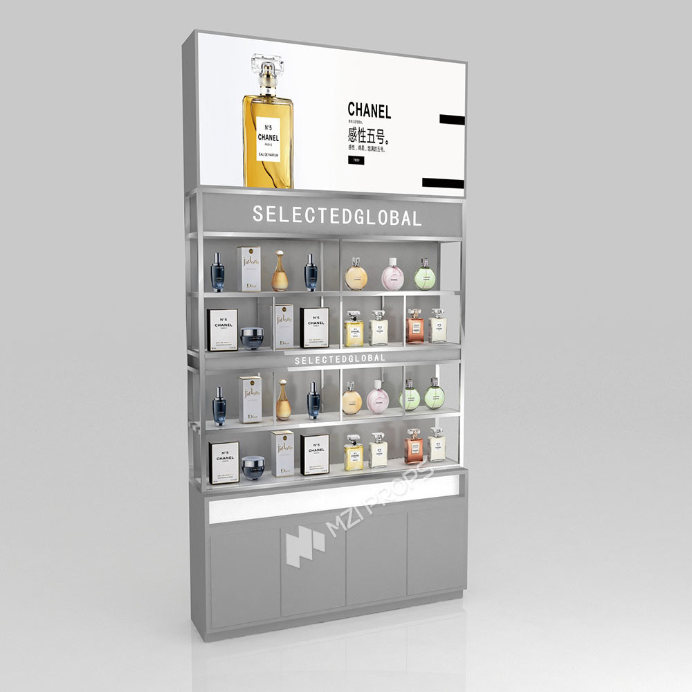 Retail Display Shelf Grey Wooden Counter, Stylish And Simple, With Hidden Led Lights Inside For Branding Display Shelf And Trendy Display Rack