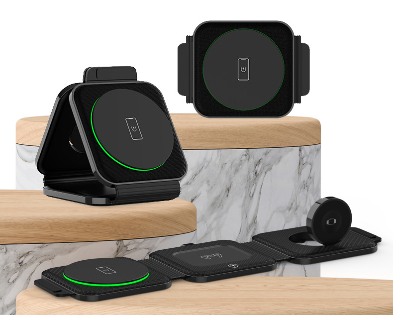 Portable Three-In-One Magnetic Wireless Charger for Fast Phone Charging in Black/White