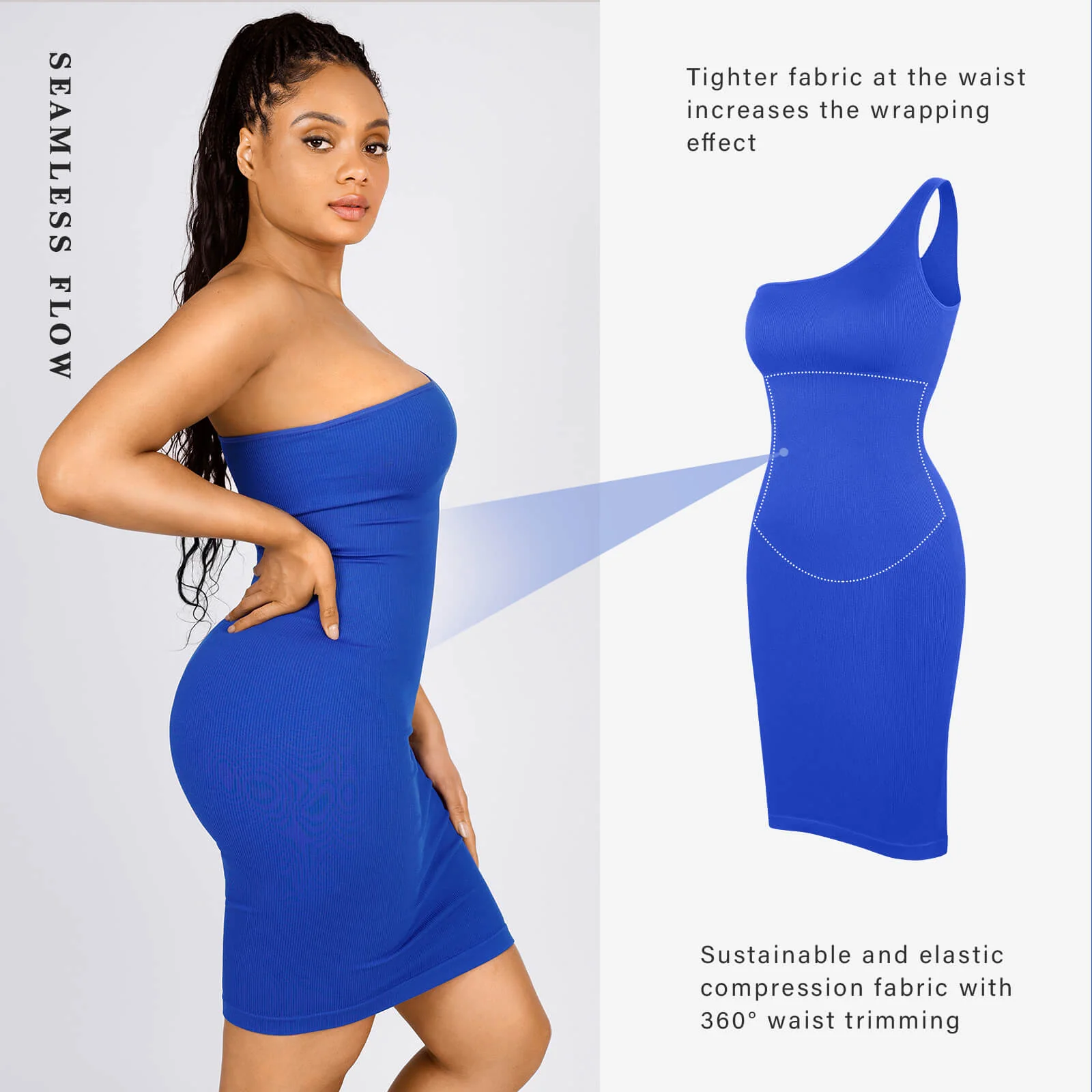 Autumn One-Shoulder Slanted Neck Bodycon Midi Blue Dresses For Women With Body Shaper
