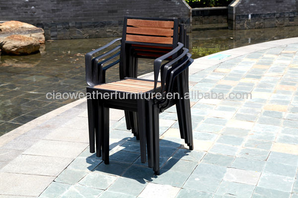 Outdoor Furniture Modern Design Style Aluminum Frame Stackable Arm Chair Wooden Garden Chair