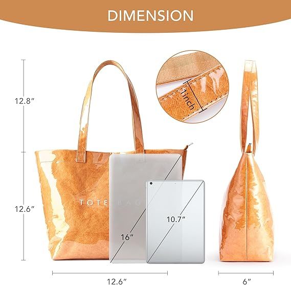 Fashion Casual Street Reusable Environmental Handbag Zipper Tote Bag, Kraft Paper Beach Bag Large Hobo Carry All Travel Shopping Handbag Plastic