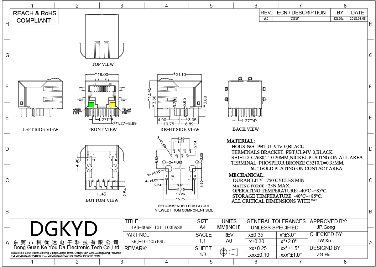 PCB Network RJ45 Modular Jack With Filter , LED Tab Down Side Entry Ethernet Socket RJ45 Network Interface 100Mbps Connector KRJ-1012GYENL