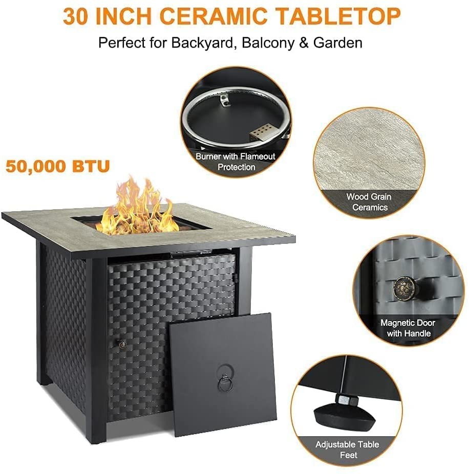 Propane Brazier Table 30'' Outdoor Square Fire Pit Table Ceramic Table Top