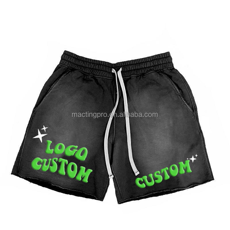 Custom Screen Puff Printing Mens Sweat Shorts in Acid Washed Streetwear Hip Hop Style
