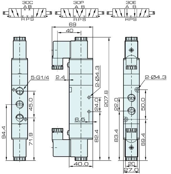 Dimension of 4V330c-08 Pneumatic Solenoid Valve: