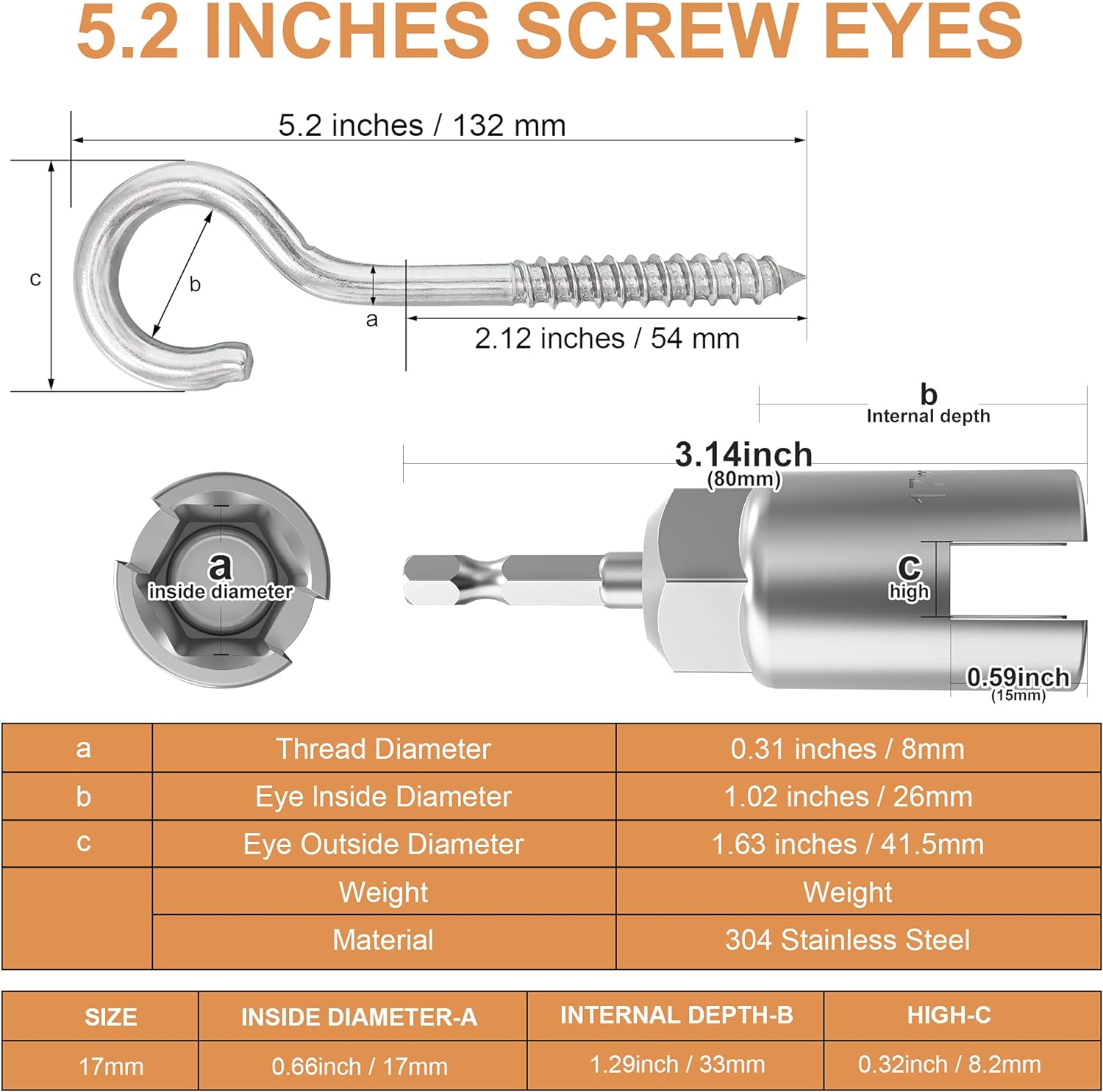 304 Stainless Steel Heavy Screw Eye Hook Wood Terminal Eye Screw with Galvanized Finish