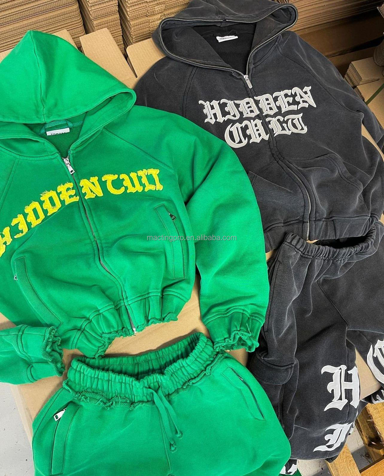 Acid Wash Zip Up Hoodie Tracksuit Boys Brown Women'S Street Wear Patch Embroidery Washed Joggers