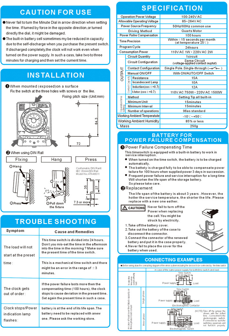 TB35-N AC220V 10A mechanical timer manual 24h time switch with battery