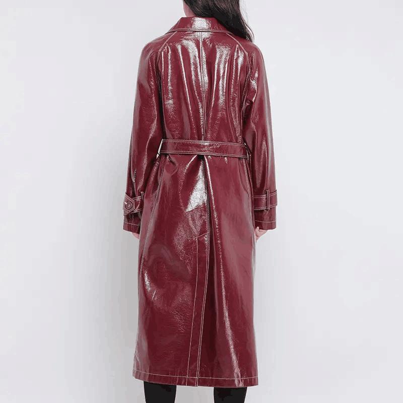 Wine Red Trench Women&prime;s Slim Motorcycle PU Leather Coat Long Slim with Belt Women&prime;s Leather Trench Coats
