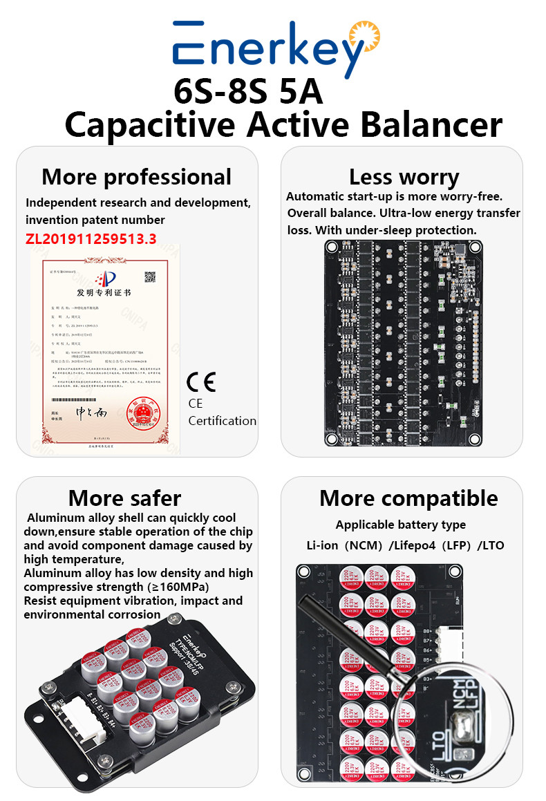 Enerkey 5A 6S 7S 8S Active Balancer with Aluminum Shell Li-ion/Lto/Lifepo4 Battery Equalizer for Outdoor Power Storage