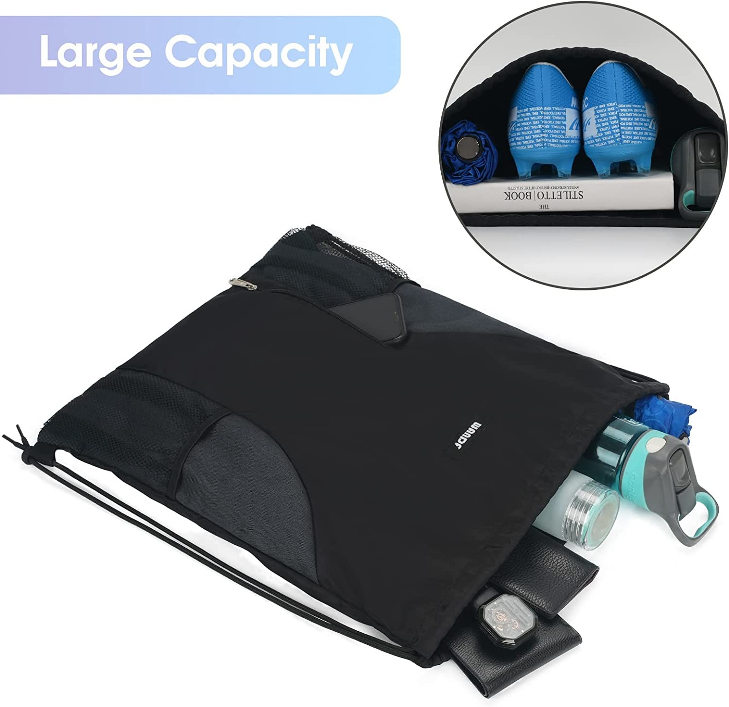 Durable Drawstring Backpack Sport Sackpack with Mesh Pockets Water Resistant String Bag for Women Men Children (Black)