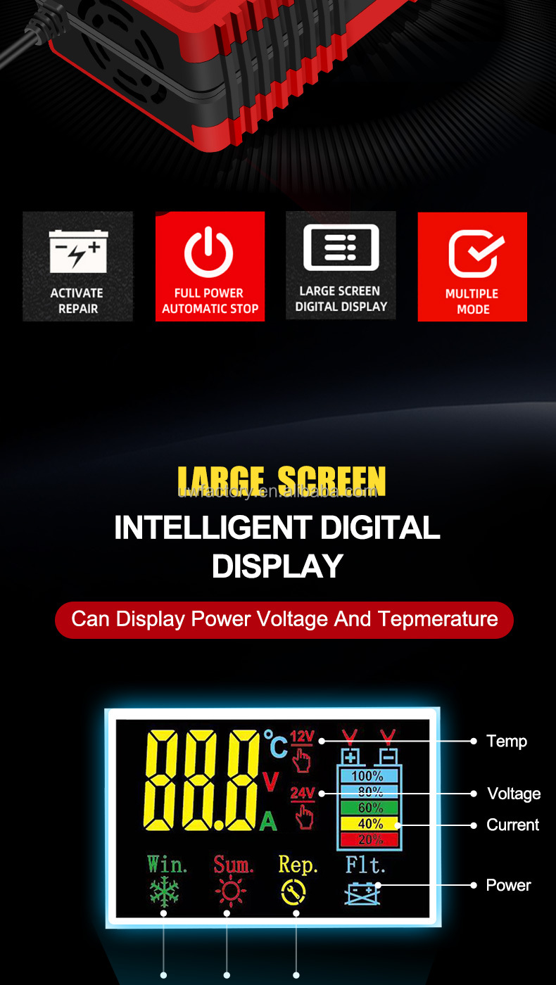 Motorcycle / Scooter Automatic Cutoff 12V10A 24V5A Smart Solar Car Lead-Acid Battery Charger with LCD Display