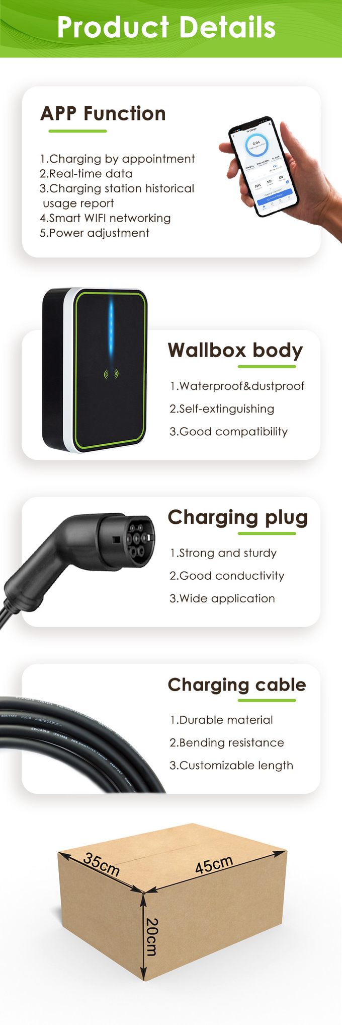 Electric Car Wall Box AC EV Charger 11kw 5m Wire 3phase 380v 16A With APP OEM ODM