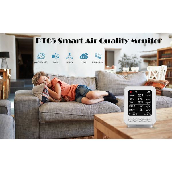 Smart Tuya WiFi Air Quality Monitor Detects CO2/PM2.5/HCHO/TVOC Temperature Humidity with NDIR Sensor