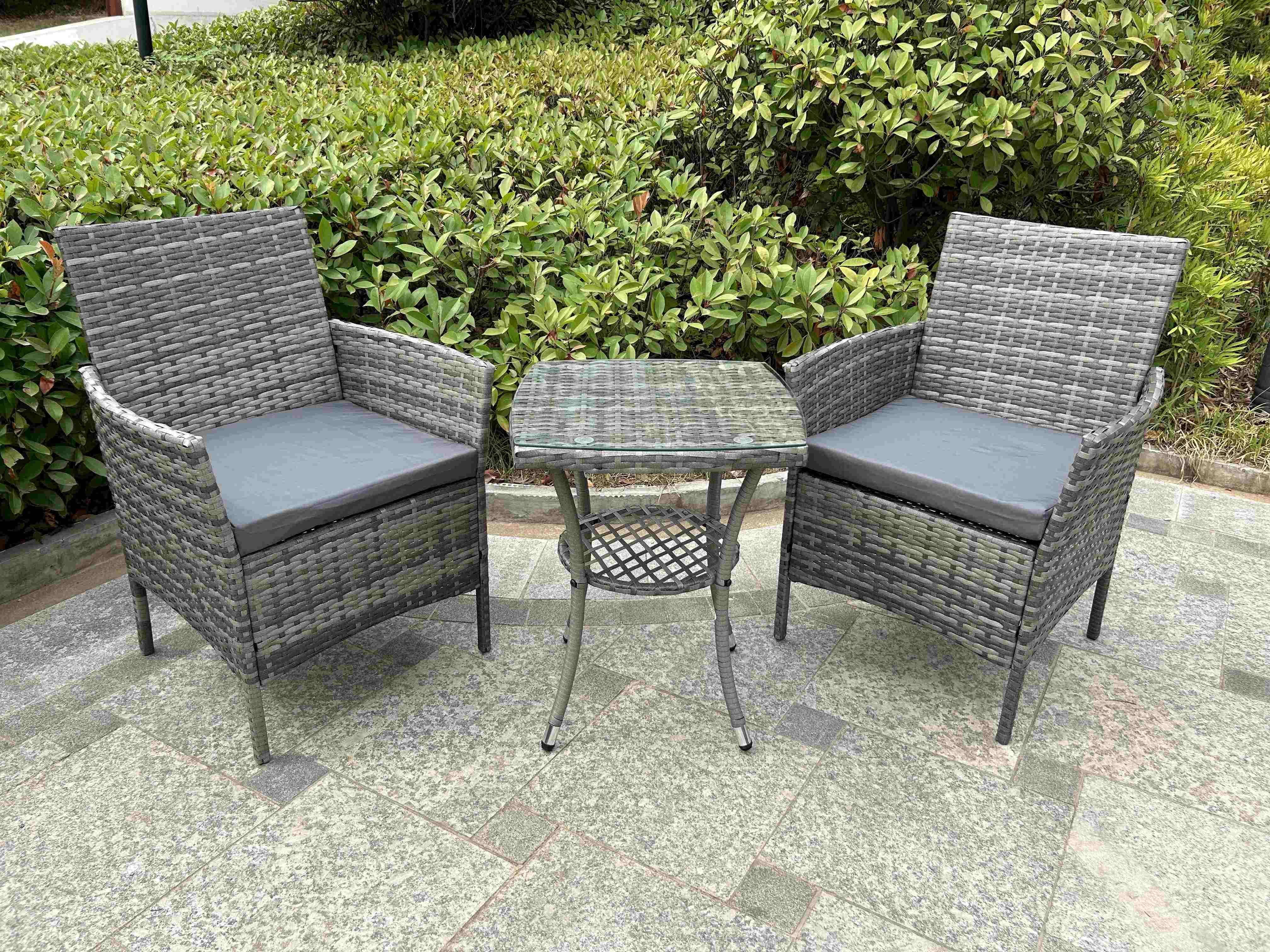 Grey 2 Seater Rattan Table And Chairs Bistro Patio Seating Chair Garden Relaxation Furniture
