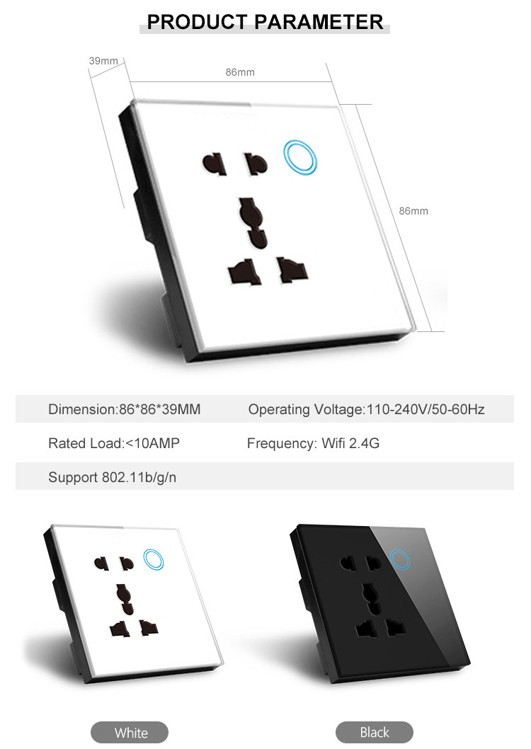 Ce Certificate Wifi Universal Wall Socket Uk Standard Wireless Outlet Double Plug With Touch Glass Panel