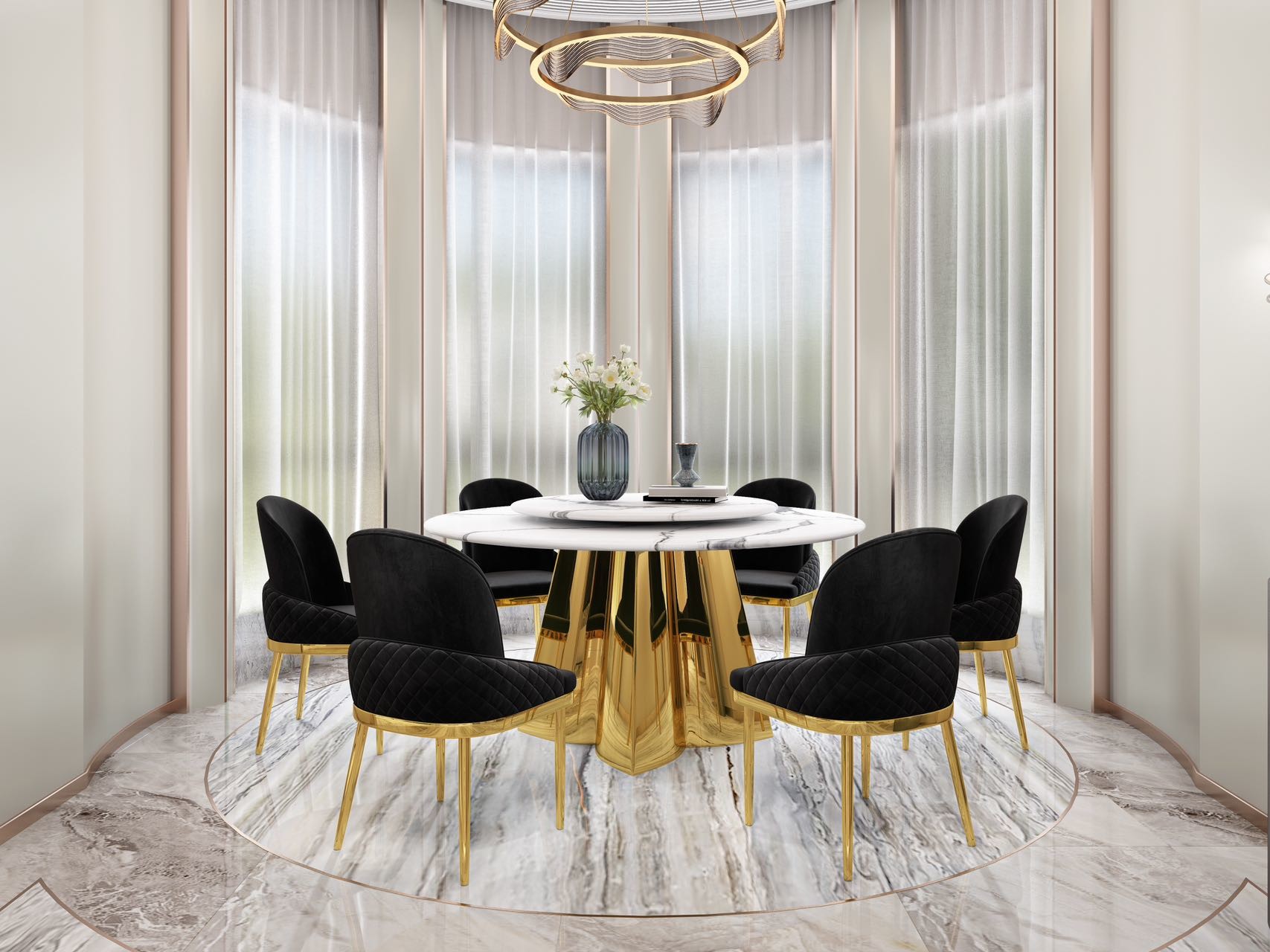 Marble Round Turntable Dining Room Table With Stainless Steel Legs