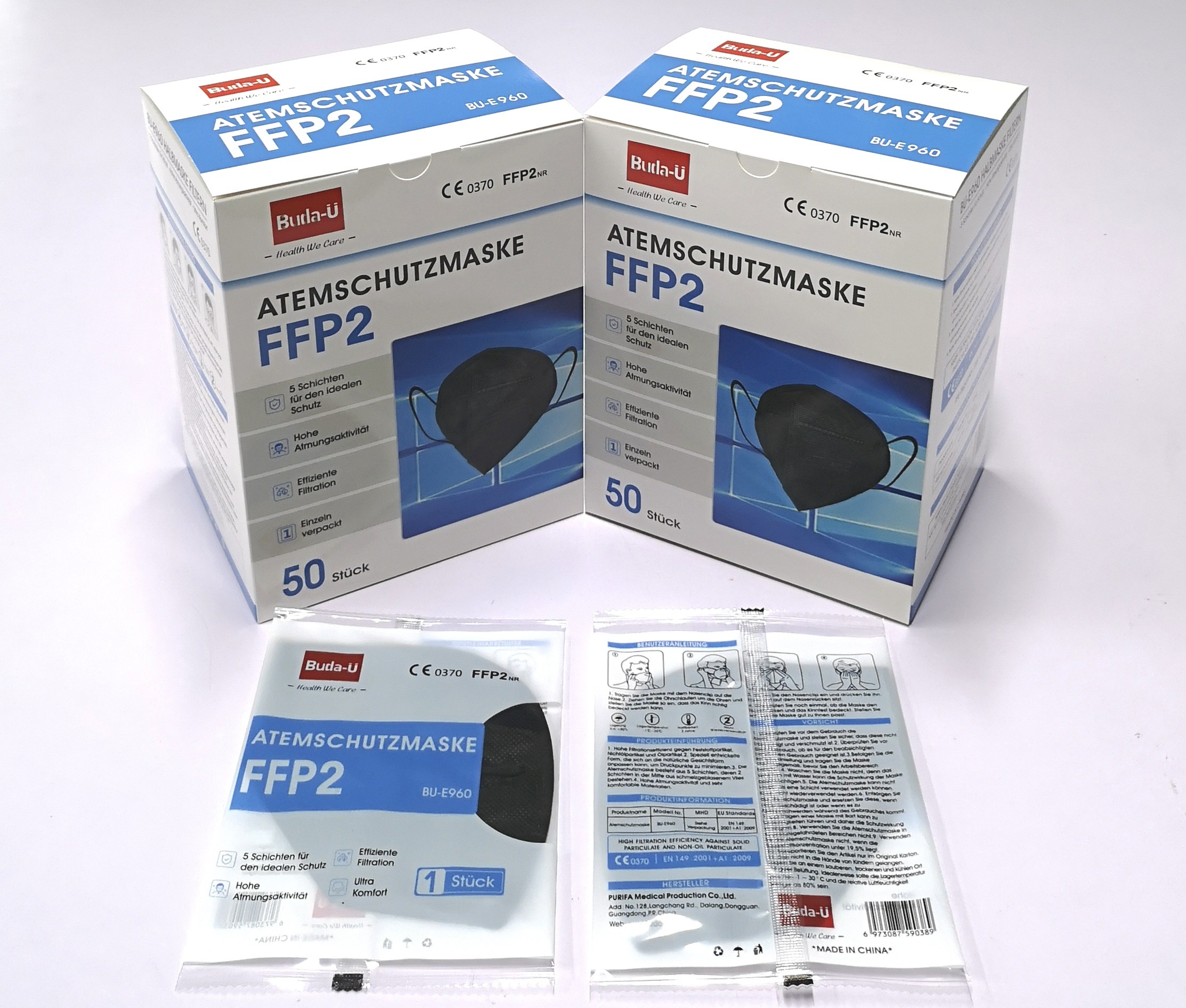 Buda-U Black FFP2 Face Mask Respirator , Protective Masks , FFP2 Mask Packing In German , Spainish , French , Italian
