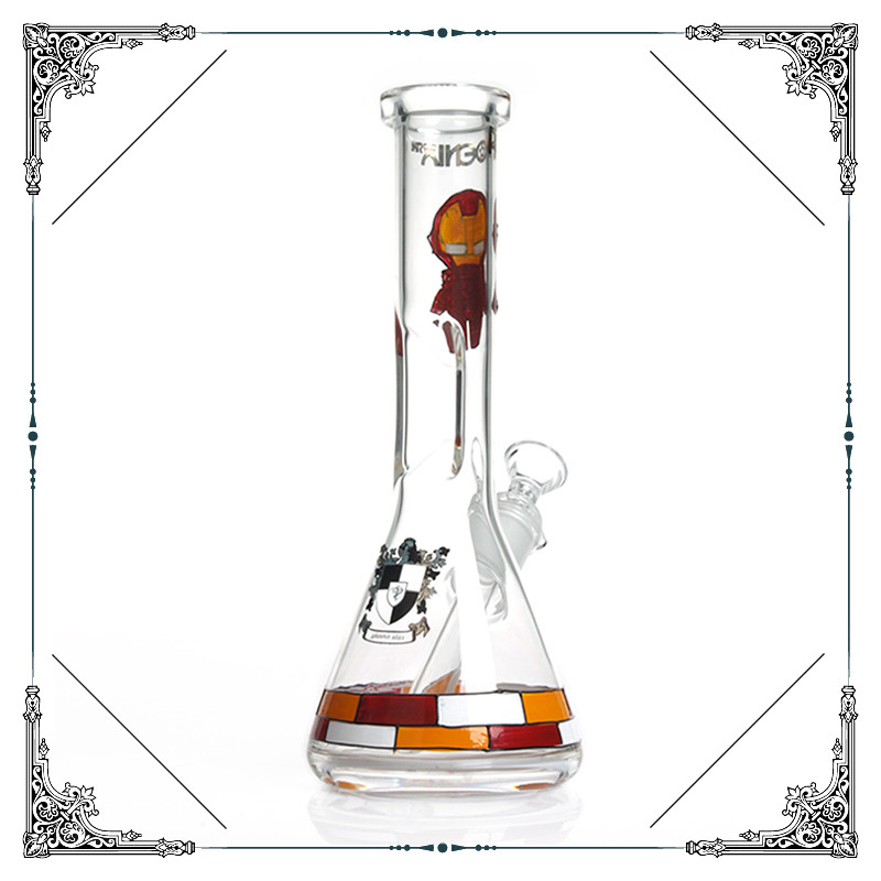 Superhero Iron Man Glass Smoking Water Pipe Ice Bong Beaker Bottom Hookah 10 Inches