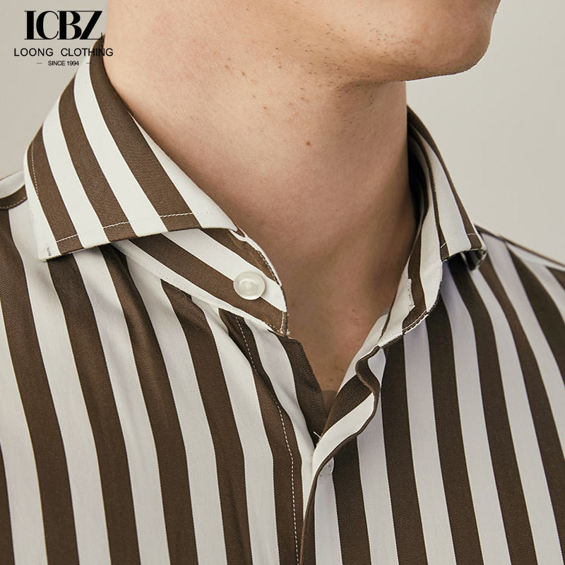 Men's Business Formal Brown Striped Long-Sleeved Shirt with Single Breasted Closure