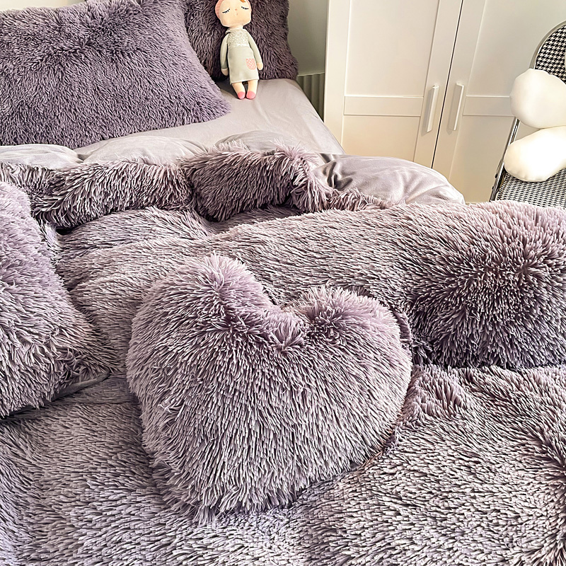 Princess Style Grey Purple Shaggy Warm Mink Velvet Crystal Duvet Cover Set for Winter
