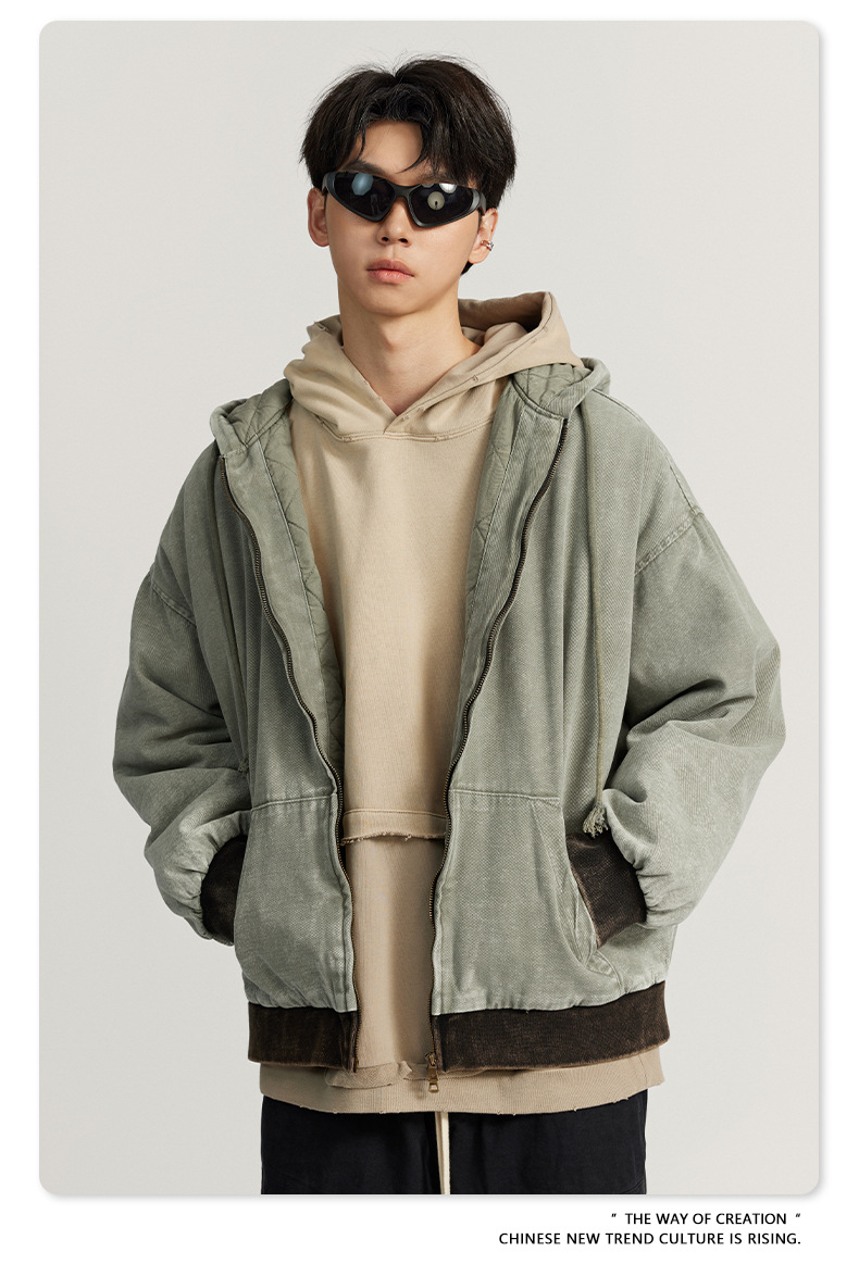 Custom Logo Winter Vintage Fashion Men's Oversized Quilted Cotton Hoodie Jacket Coat
