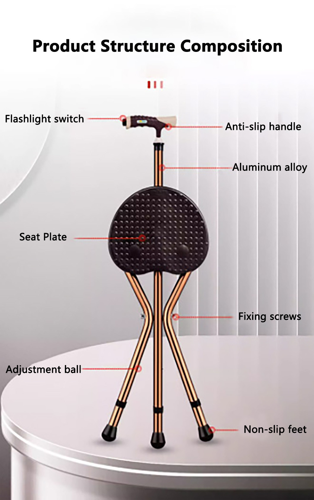 Wholesale Medical Disabled Home Care Folding Shower Cane Chair 3 Leg Cane Chair with Seat