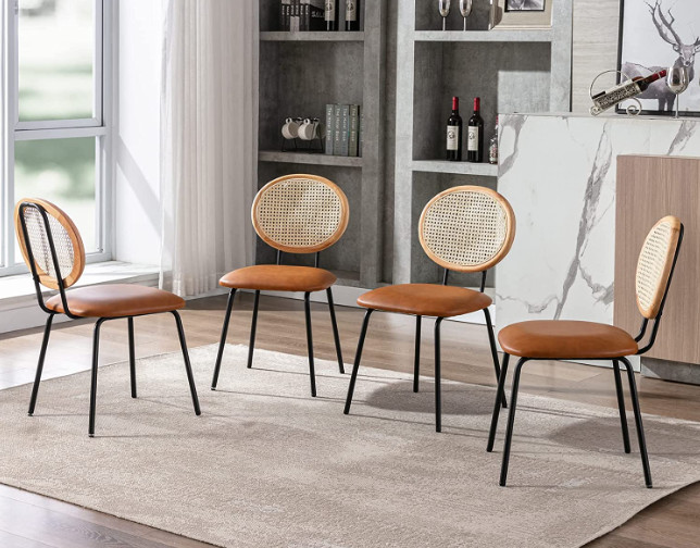 Powder Coating Metal Rattan Side Chair With Leather Seat