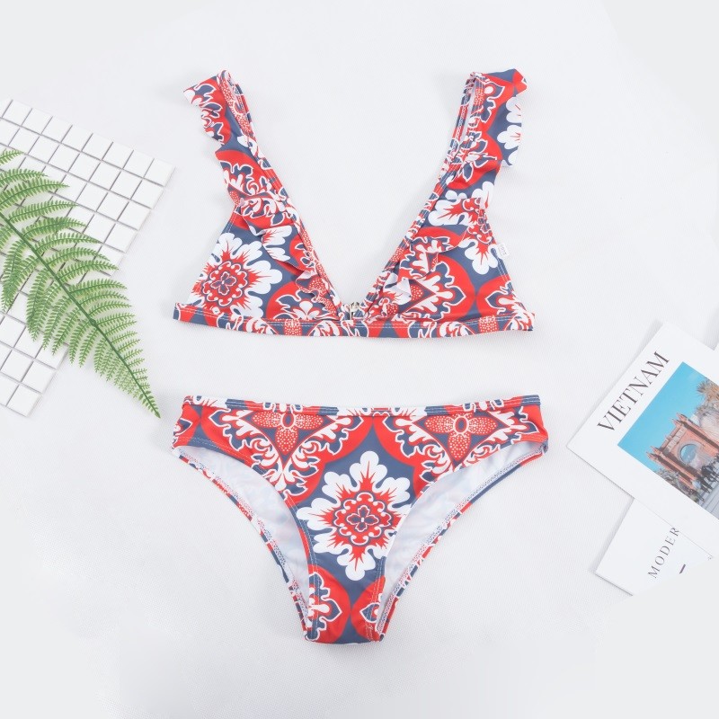 Ruched Trim Deep V Neckline Top With Low Waist Women bathing Suit