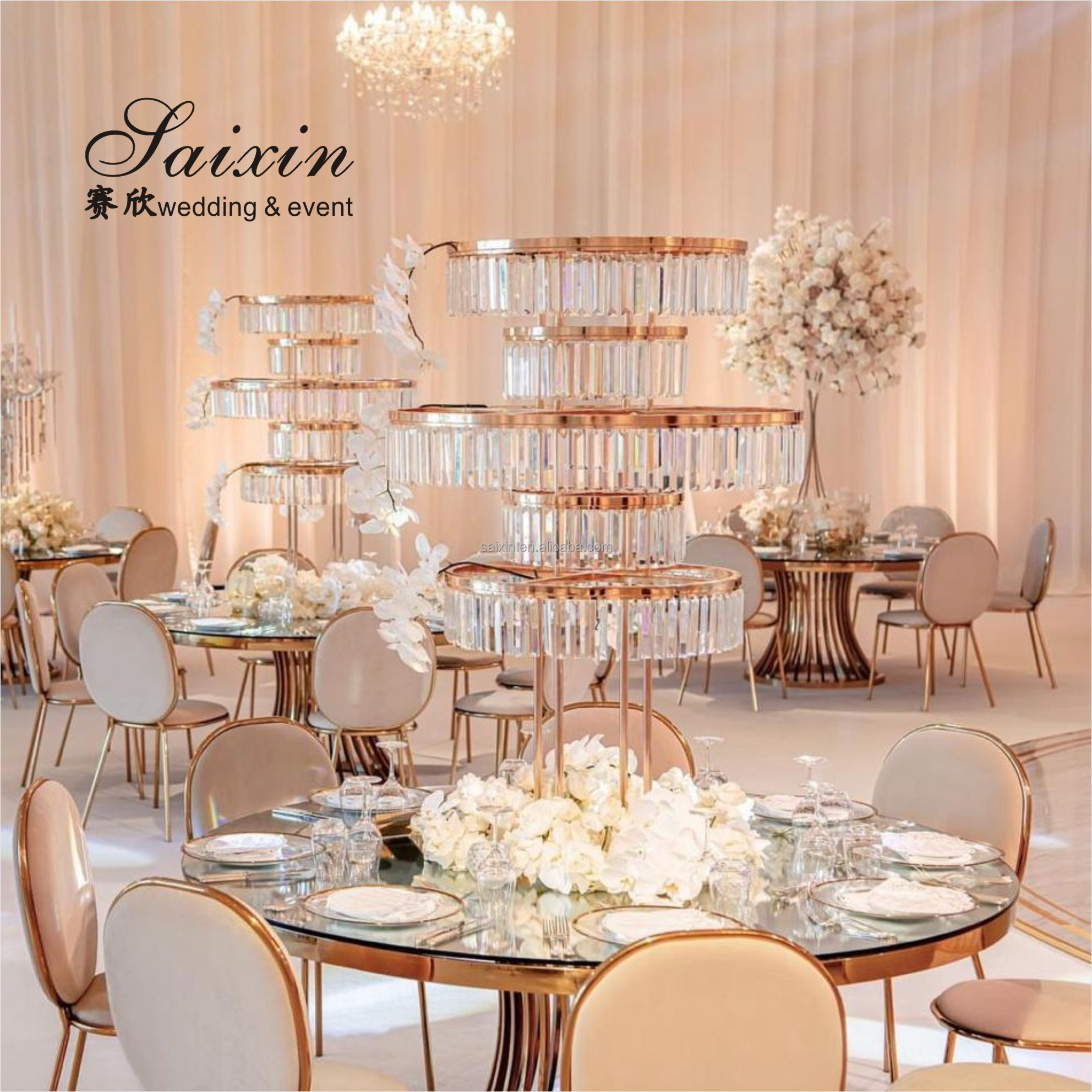 ZT-553 Saixin custom luxury tall five tier circle crystal centerpieces for events
