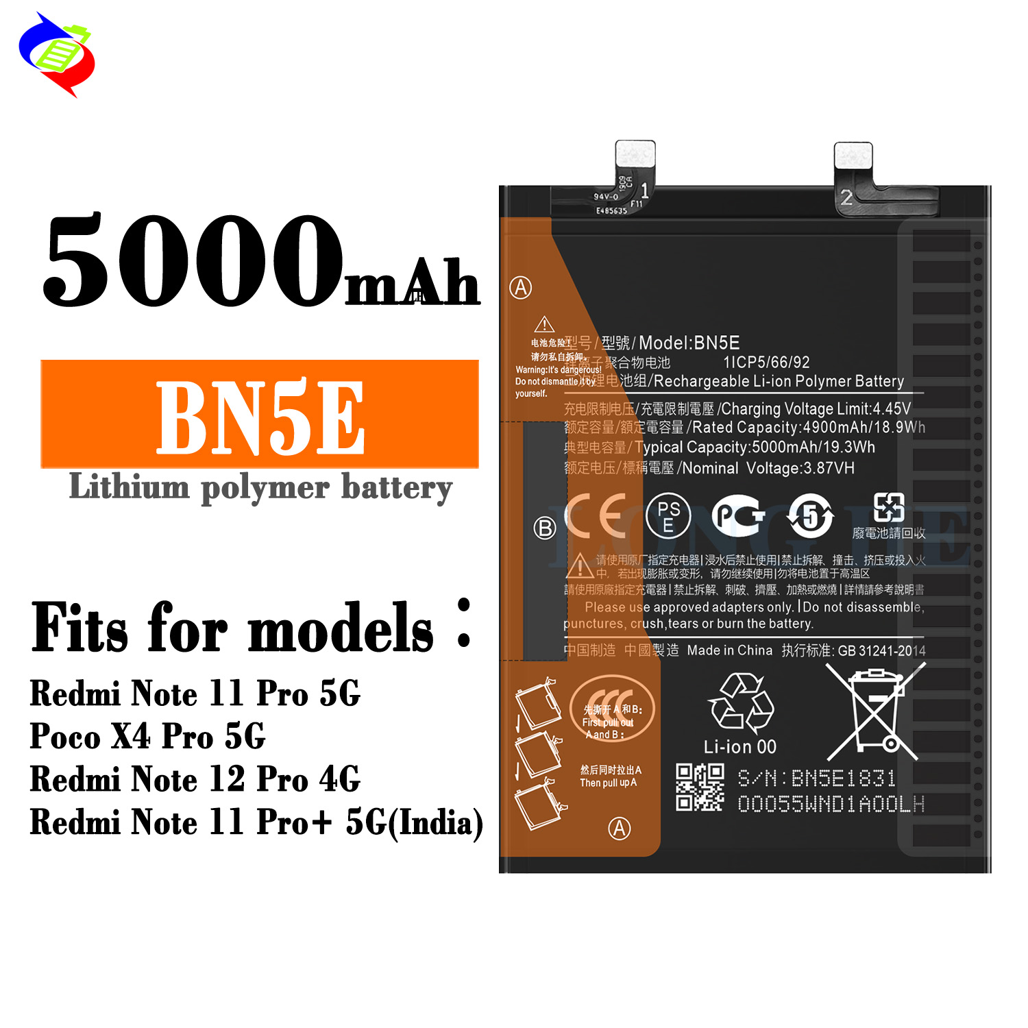 ODM/OEM Genuine Battery for Xiaomi Redmi Note 11E Pro/Poco X4 Pro 5G BN5E