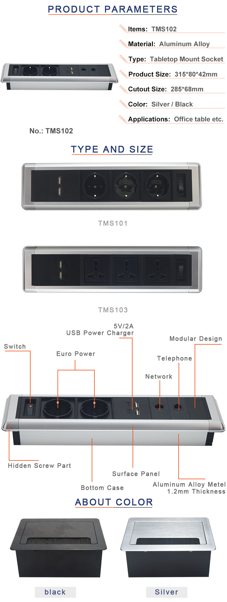 Aluminum alloy flush mount conference table socket box for office