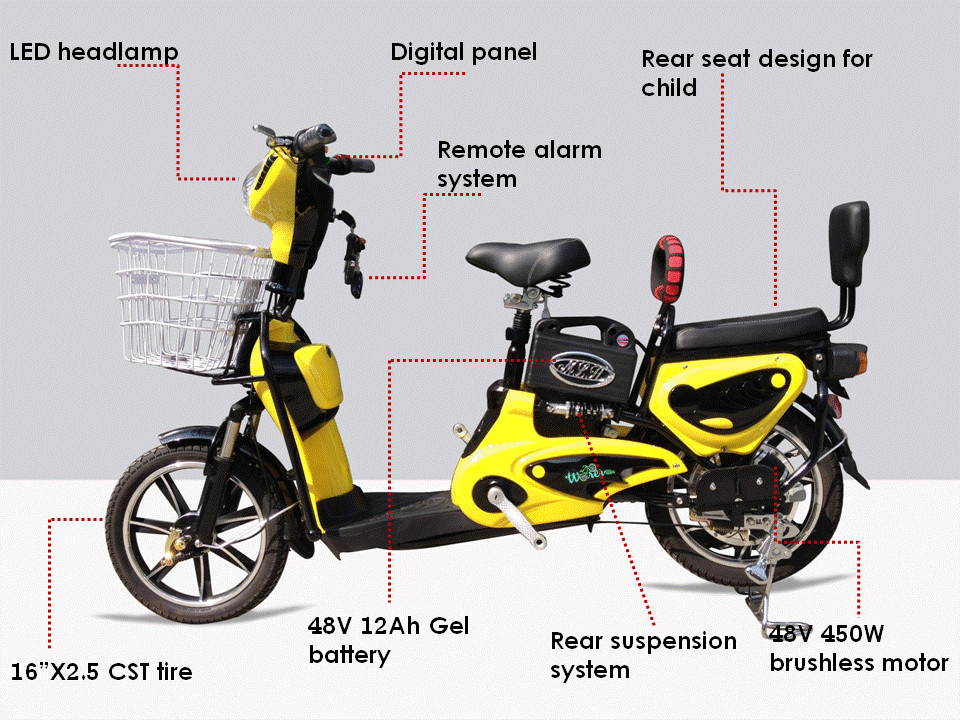 City Pedal Assist Electric Bike 16 Inch Wheel 450W Dual Seat Digital Style