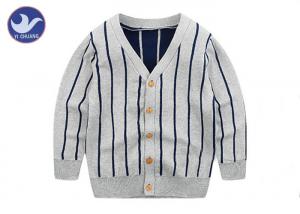 Quality Vertical Stripes Grey Navy Boys Knitted Cardigan Sweaters / Double Layer Kids Knitwear for sale