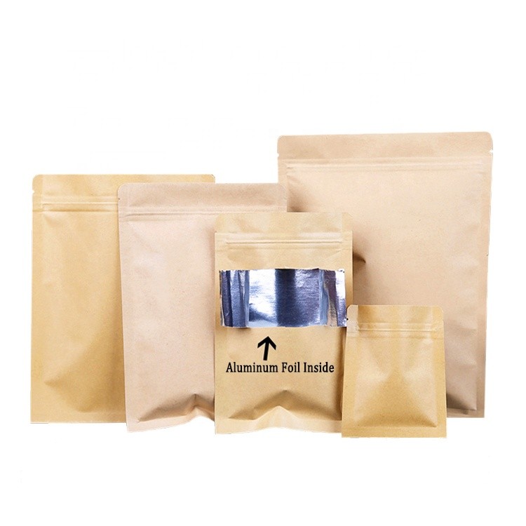 Flat Bottom Resealable Kraft brown paper bags with zipper foil lined for Food