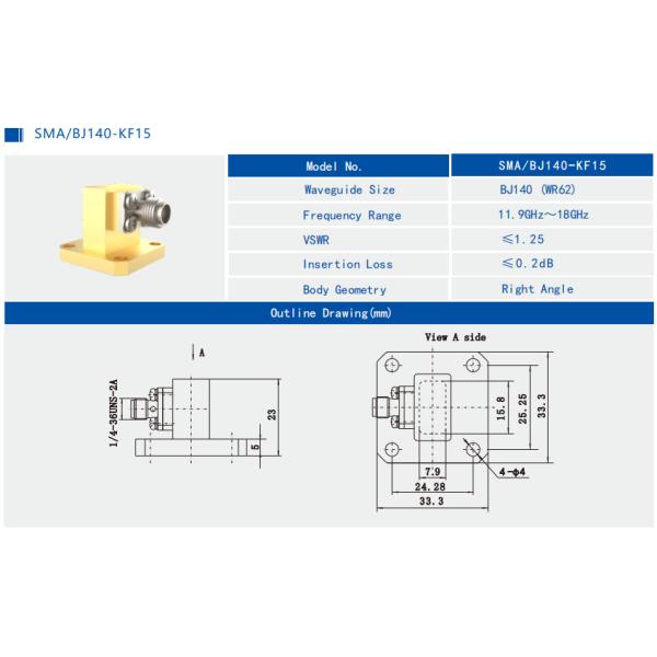 11.9GHz~18GHz WR62 To SMA Female Right Angle Waveguide To Coax Adapter SMA/BJ140-KF15